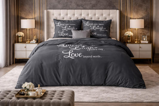 Lenjerie de pat Sleeptime, 1x husa pilota 200x200/220, 2x fete de perna 60x70, Microfibra 100%, Hipoalergenica, 90 GSM, model Essentials Live Laugh and Love, imprimeu Print Digital, culoare Negru