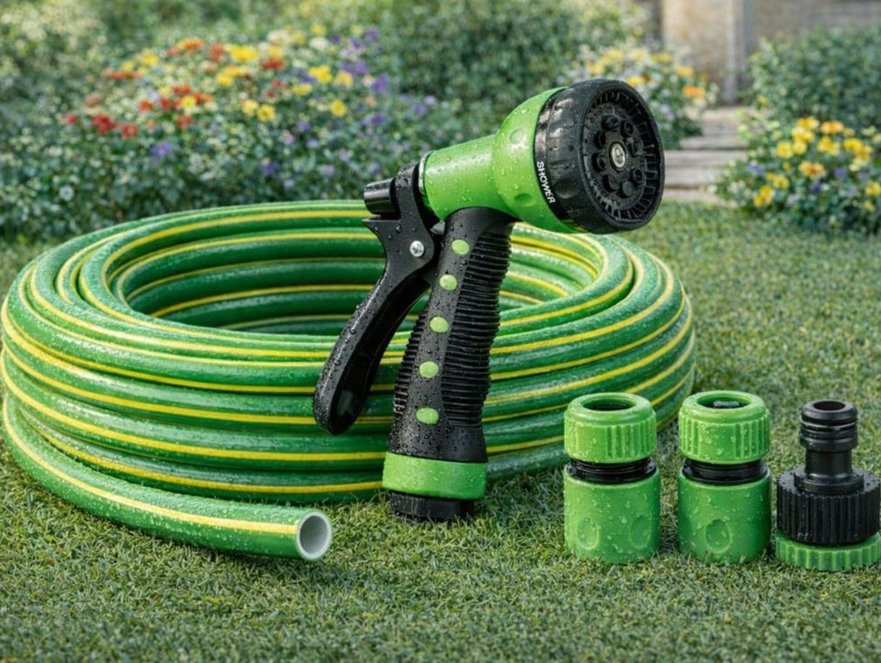 GARDEN HOSE set furtun gradina 30m 1/2 cu accesorii 7 moduri pistol 3 fitinguri verde