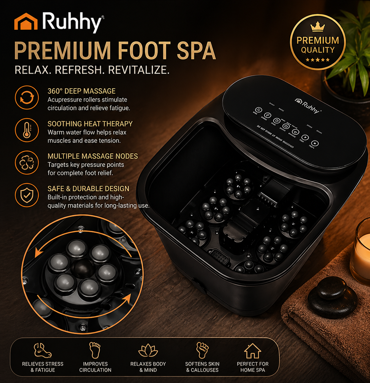 Ruhhy aparat hidromasaj picioare pliabil 550W incalzire role electrice negru