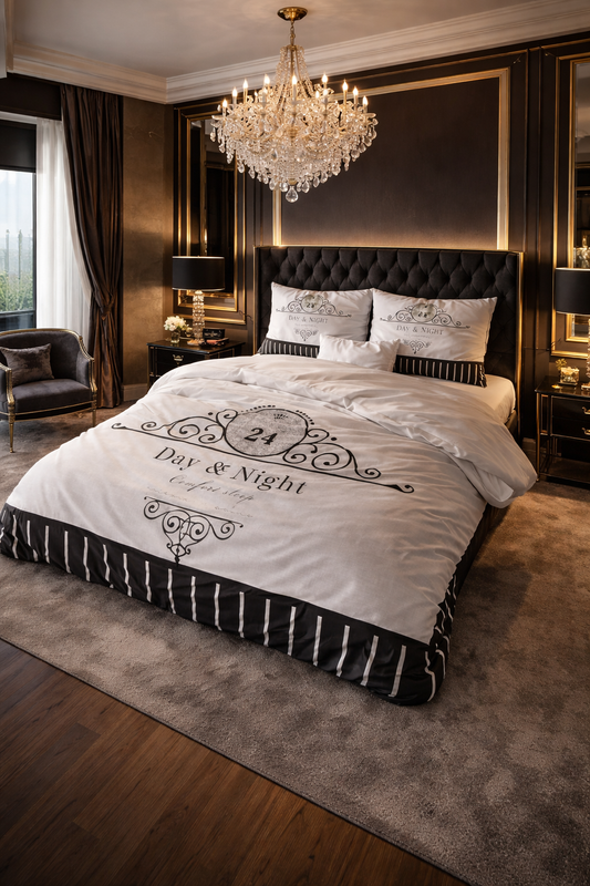 Lenjerie de pat Sleeptime, 1x husa pilota 200x200/220, 2x fete de perna 60x70, Microfibra 100%, Hipoalergenica, 90 GSM, model Essentials Day and Night Black, imprimeu Print Digital, culoare Alb