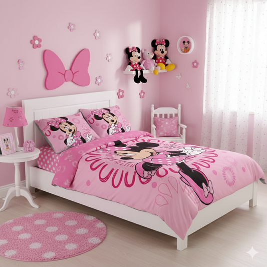 Lenjerie de pat Javoli, 1x husa pilota 140x200, 1x fete de perna 70x90, Bumbac 100%, Hipoalergenica, model Disney Minnie Sightly, culoare Multicolor