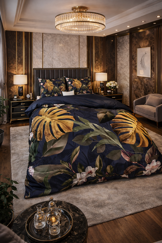 Lenjerie de pat Dreamhouse, 1x husa pilota 140x200/220, 1x fete de perna 60x70, Bumbac 100%, Hipoalergenica, 144T, model Nature Dark Green, imprimeu Print Digital, culoare Multicolor