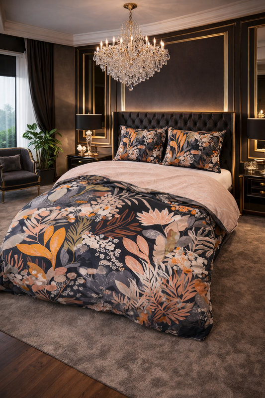 Lenjerie de pat Dreamhouse, 1x husa pilota 140x200/220, 1x fete de perna 60x70, Bumbac 100%, Hipoalergenica, 144T, model Nature Mystical Garden Black, imprimeu Print Digital, culoare Multicolor