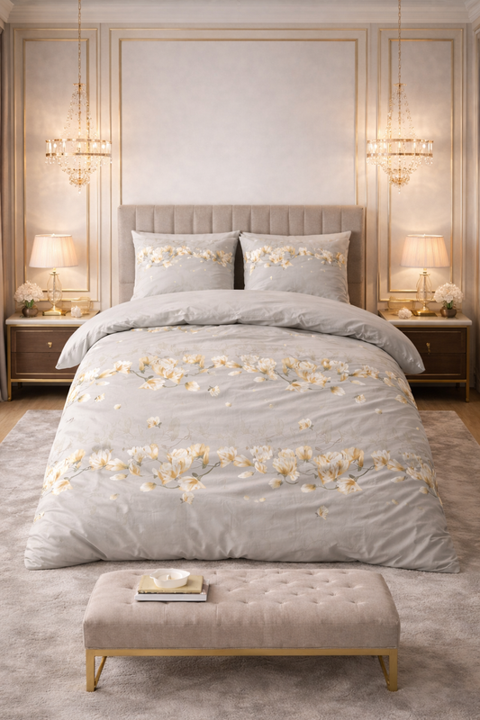 Lenjerie de pat Sleeptime, 1x husa pilota 140x200/220, 1x fete de perna 60x70, Microfibra 100%, Hipoalergenica, 90 GSM, model Summer Flower Sand, imprimeu Digital, culoare Gri