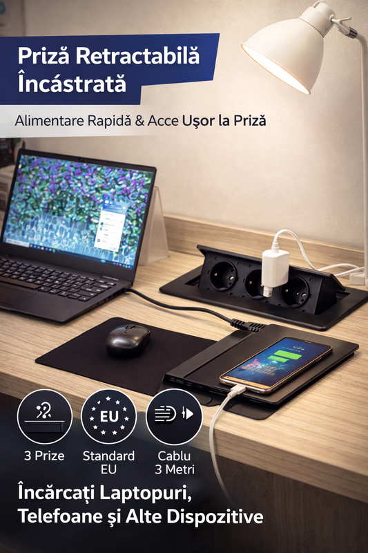 Priza incastrabila IZOXIS, 3 prize Schuko, negru, 1.9m