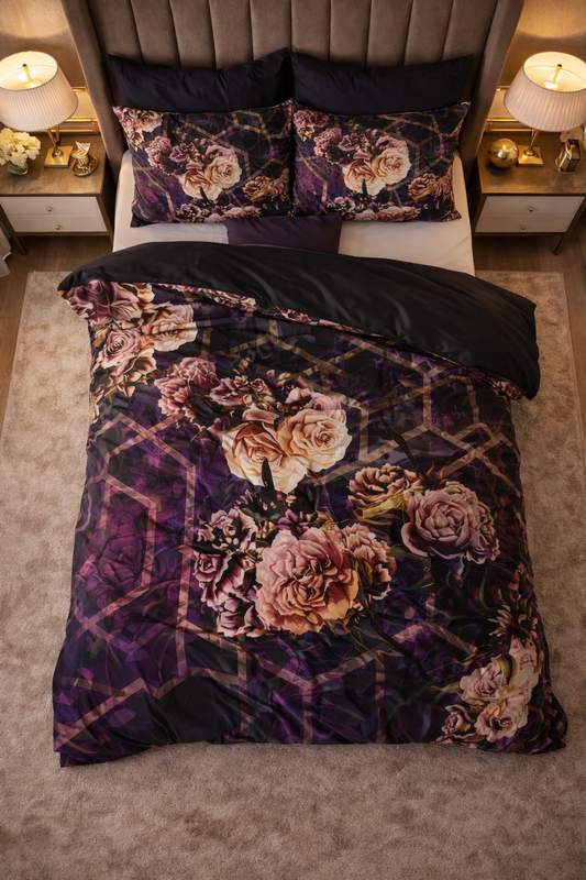 Lenjerie de pat Sleeptime, 1x husa pilota 140x200/220, 1x fete de perna 60x70, Microfibra 100%, Hipoalergenica, 90 GSM, model Marise Purple, imprimeu Digital, culoare Mov