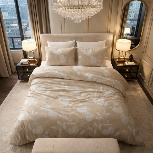 Lenjerie de pat Sleeptime, 1x husa pilota 140x200/220, 1x fete de perna 60x70, Bumbac 100%, Hipoalergenica, 128T, model Spring Sand Beige, culoare Maro