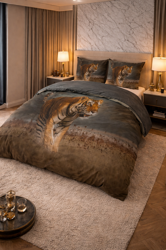 Lenjerie de pat Sleeptime, 1x husa pilota 200x200/220, 2x fete de perna 60x70, Microfibra 100%, Hipoalergenica, model Nature Tiger Taupe, Imprimeu Digital Print, culoare Gri