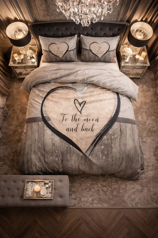 Lenjerie de pat Sleeptime, 1x husa pilota 200x200/220, 2x fete de perna 60x70, Microfibra 100%, Hipoalergenica, model Love To The Moon And Back, culoare Gri/Bej