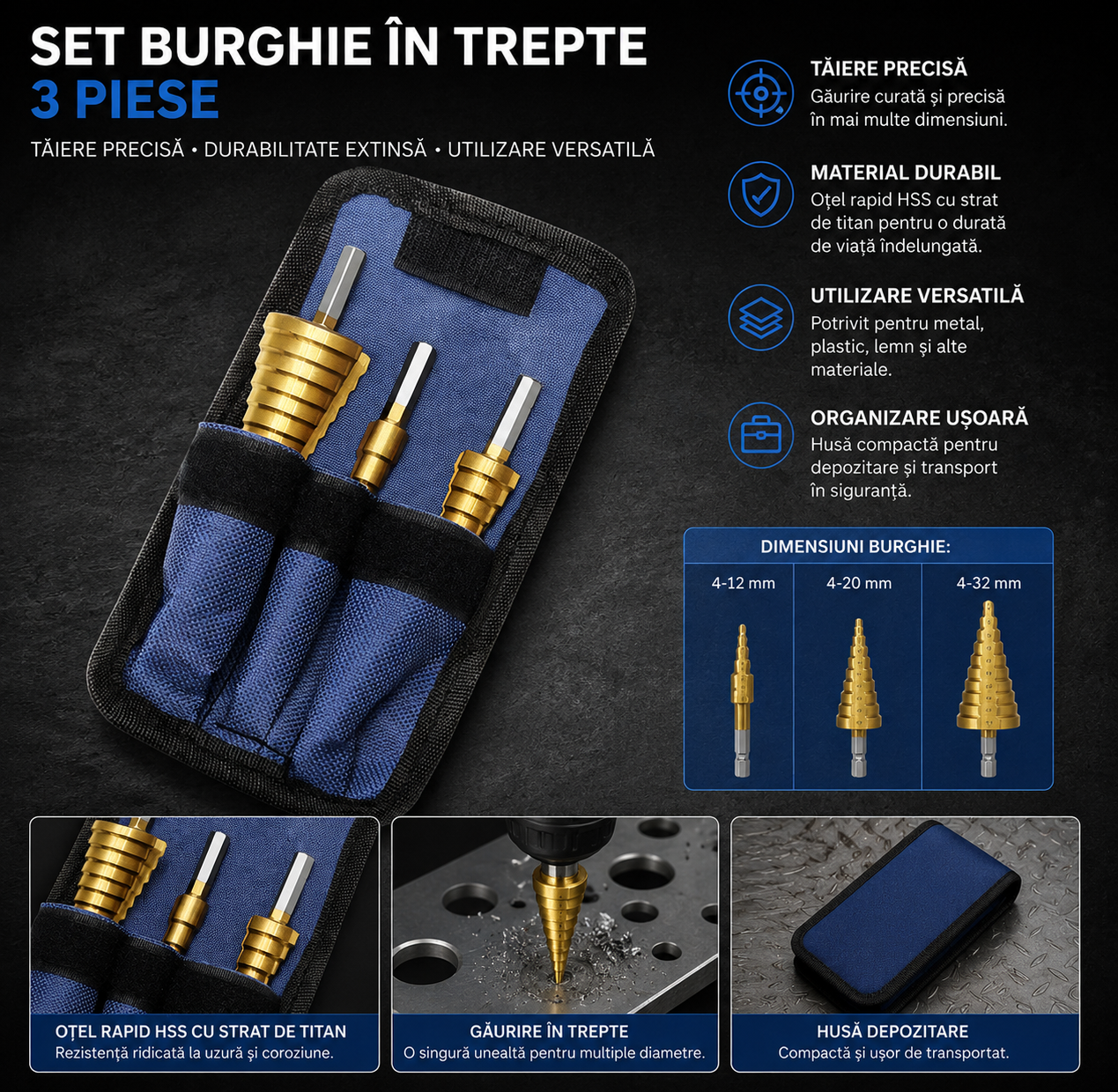 Set 3 freze conice titan cu geanta, 4-12/20/32 mm, metal, lemn, plastic, auriu