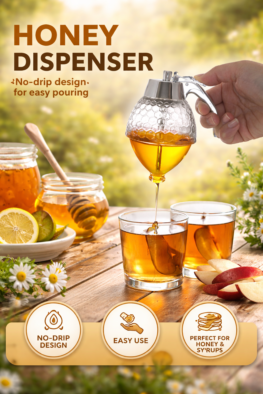 Dozator miere si sirop fara picurare, borcan tip fagure, transparent, 15x8 cm, anti scurgeri