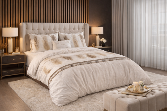 Lenjerie de pat Sleeptime, 1x husa pilota 200x200/220, 2x fete de perna 60x70, Bumbac si Poliester, Hipoalergenica, model Elegance Feathers Gray, culoare Maro