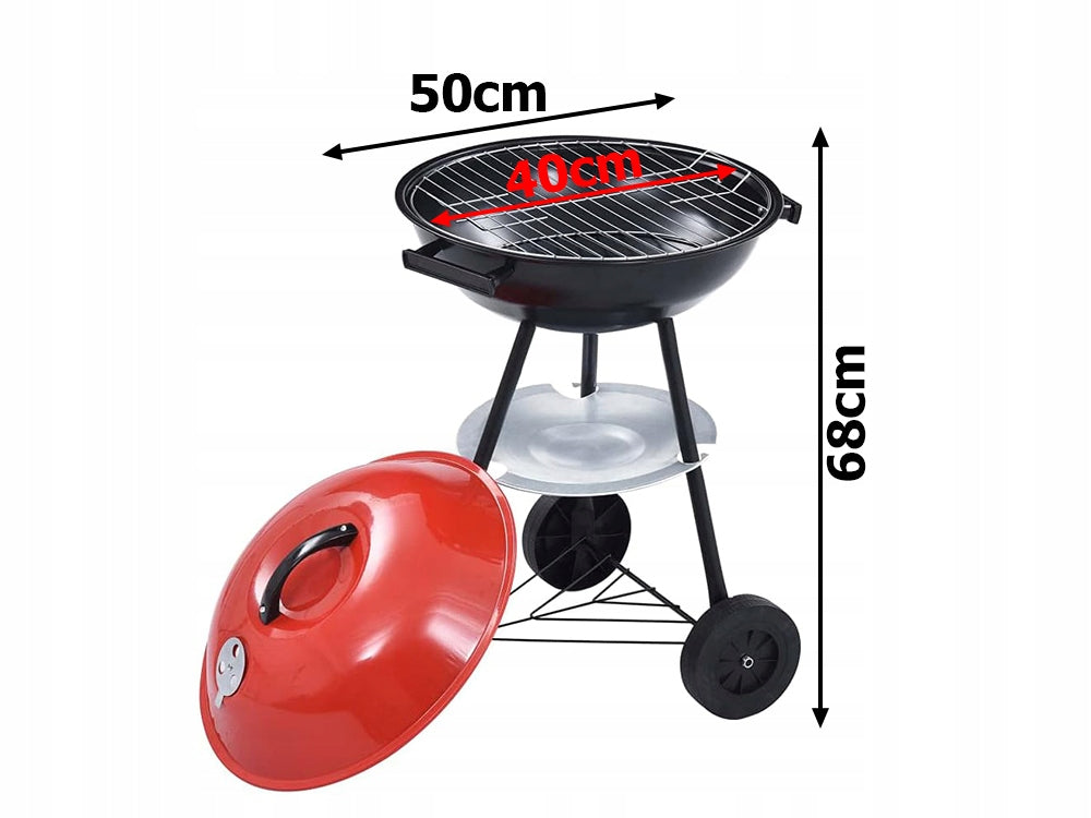 Gratar carbuni rotund 50x40 cm, cu capac, roti, aerisire reglabila, otel, negru/rosu
