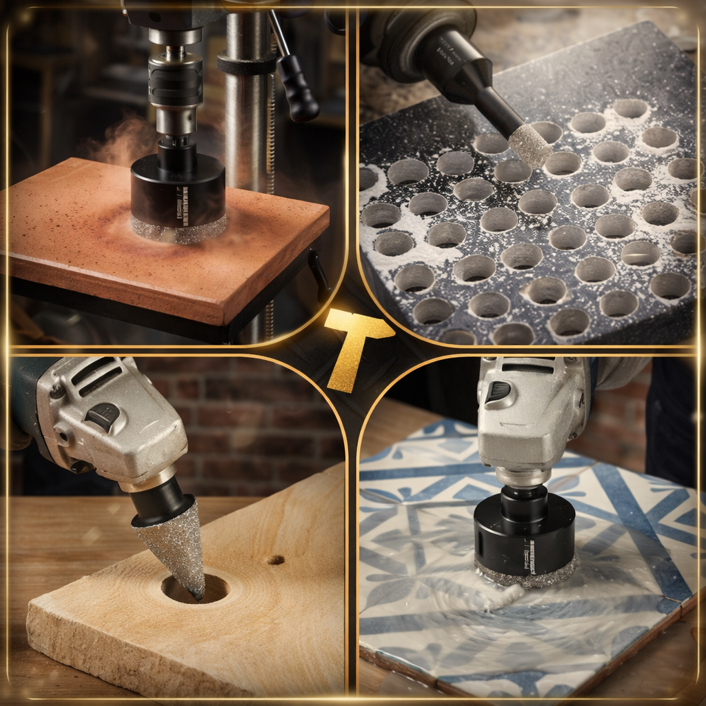 Set 6 carote diamantate si adaptor, NewTech, diferite dimensiuni 6, 8, 10, 35, 68 mm, freza conica 2-50 mm, filet M14, pentru materiale dure, valiza depozitare, otel mangan