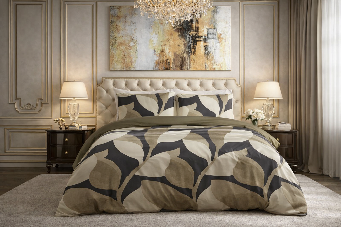 Lenjerie de pat Premium Sleeptime, 1x husa pilota 200x200/220, 2x fete de perna 60x70, Bumbac 100%, Hipoalergenica, 128T, model Pure Graphic Garden Anthracite, imprimeu Print Digital, culoare Maro