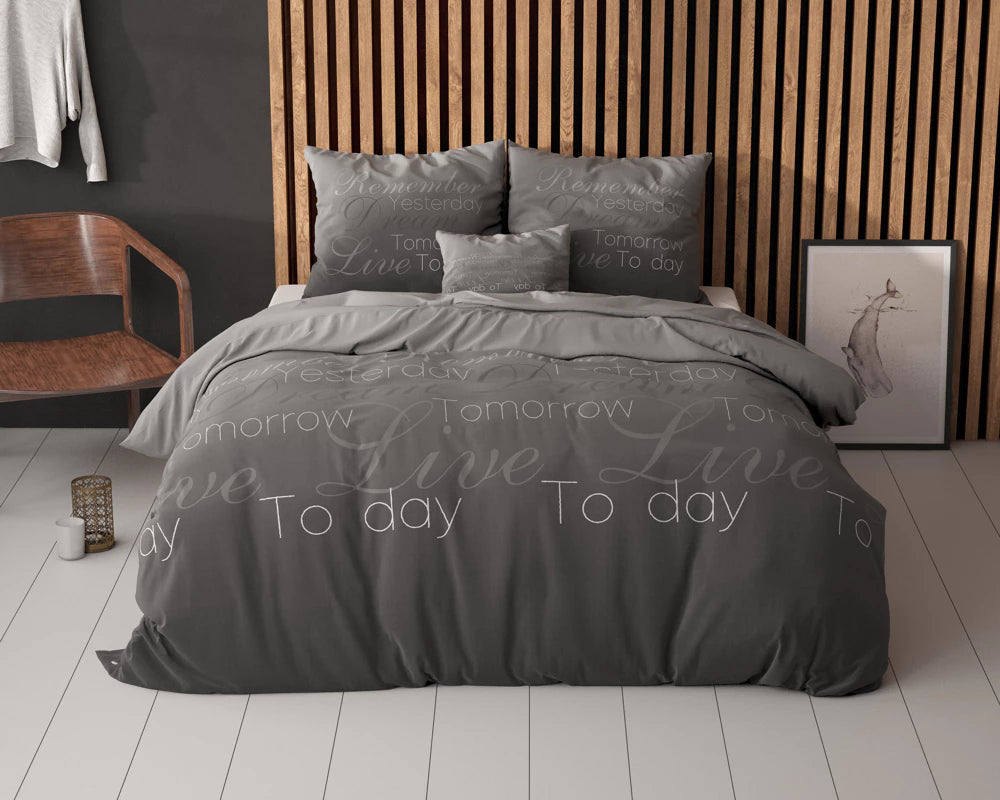 Lenjerie de pat, Sleeptime Elegance Live Today Anthracite 140 x 220 cm, Bumbac 80% + Poliester 20%, 1 Fata de Perna, 150 GSM