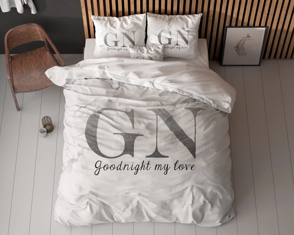 Lenjerie de pat Sleeptime, 1x husa pilota 200x200/220, 2x fete de perna 60x70, Microfibra, Hipoalergenica, 90 GSM, model Good Night Silver, imprimeu Print Digital, culoare Alb