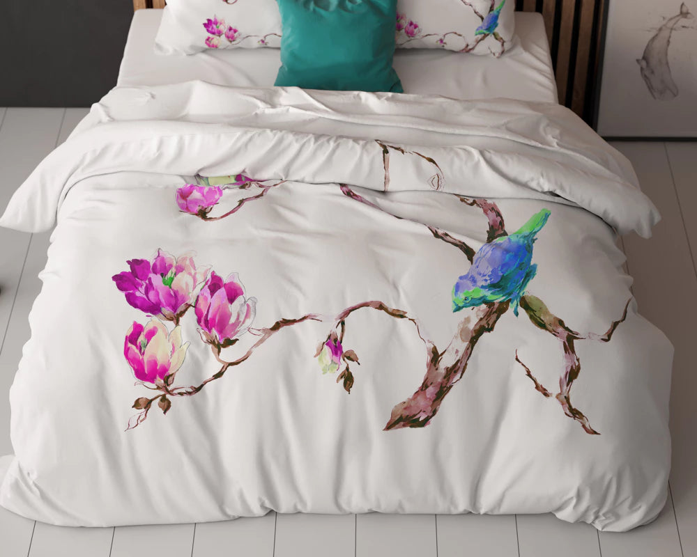 Lenjerie de pat Sleeptime, 1x husa pilota 200x200/220, 2x fete de perna 60x70, Microfibra 100%, Hipoalergenica, 90 GSM, model Essentials Magnolie Alba, imprimeu Print Digital, culoare Alb