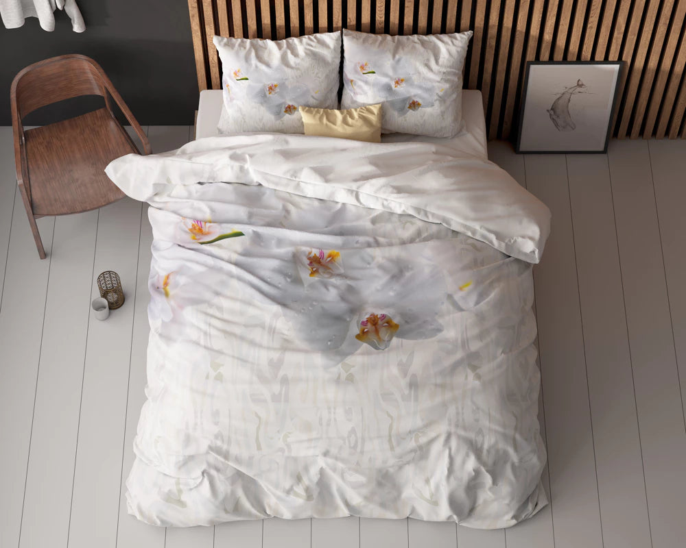 Lenjerie de pat Sleeptime, 1x husa pilota 200x200/220, 2x fete de perna 60x70, Microfibra 100%, Hipoalergenica, model Orchid White, imprimeu Digital Print, culoare Alb