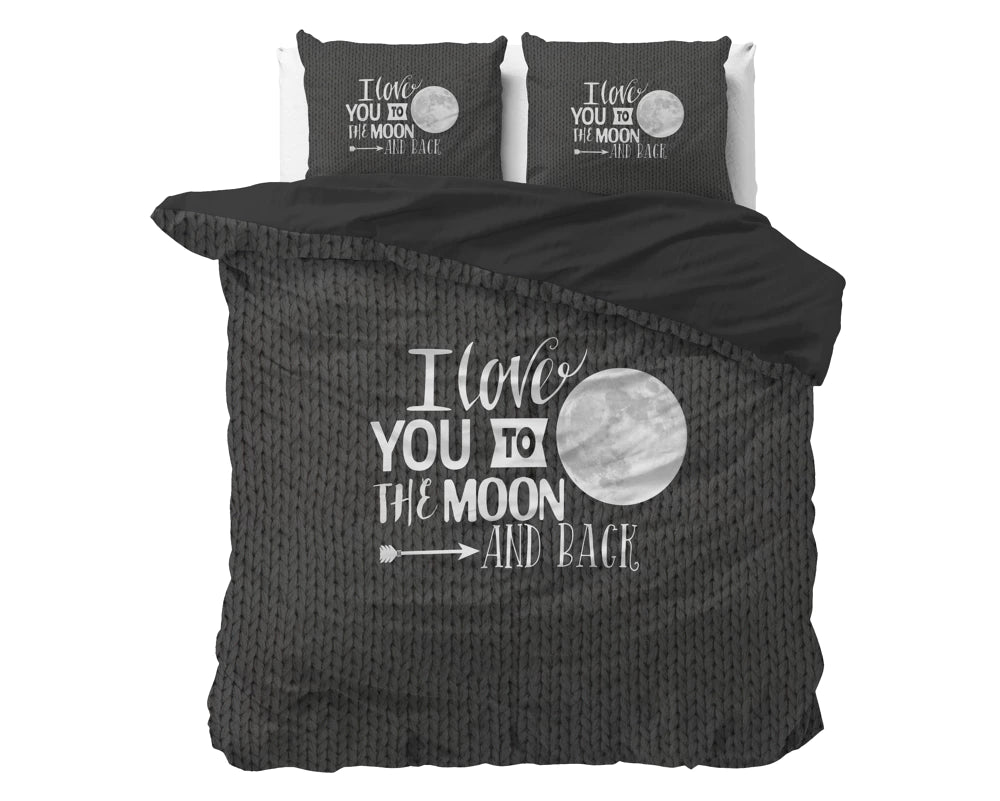 Lenjerie de pat Sleeptime, 1x husa pilota 200x200/220, 2x fete de perna 60x70, Microfibra, Hipoalergenica, 90 GSM, model Moon and Back Anthracite, imprimeu Print Digital, culoare Negru