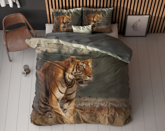 Lenjerie de pat, Sleeptime Nature Tiger Taupe, Microfibra 100%, Digital Print, 200x200/220 cm, 2 Fete Perna 60x70, Anti Alergic