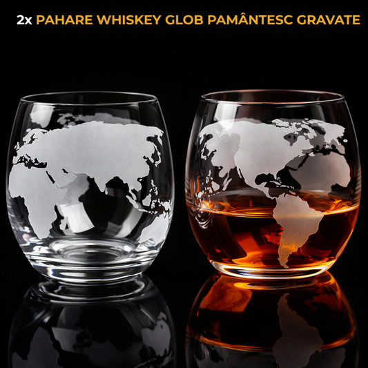Set Decantor Whiskey Glob Pamantesc NEWTECH, 1X Carafa din Sticla 850 ml, 2X Pahare, 2X Suporturi pentru Pahare, Dop, 9 Cuburi pentru Racire cu Saculet, Cleste si Palnie, pentru Whisky, Scotch, Coniac, Bourbon, Ideal Cadou, Transparent