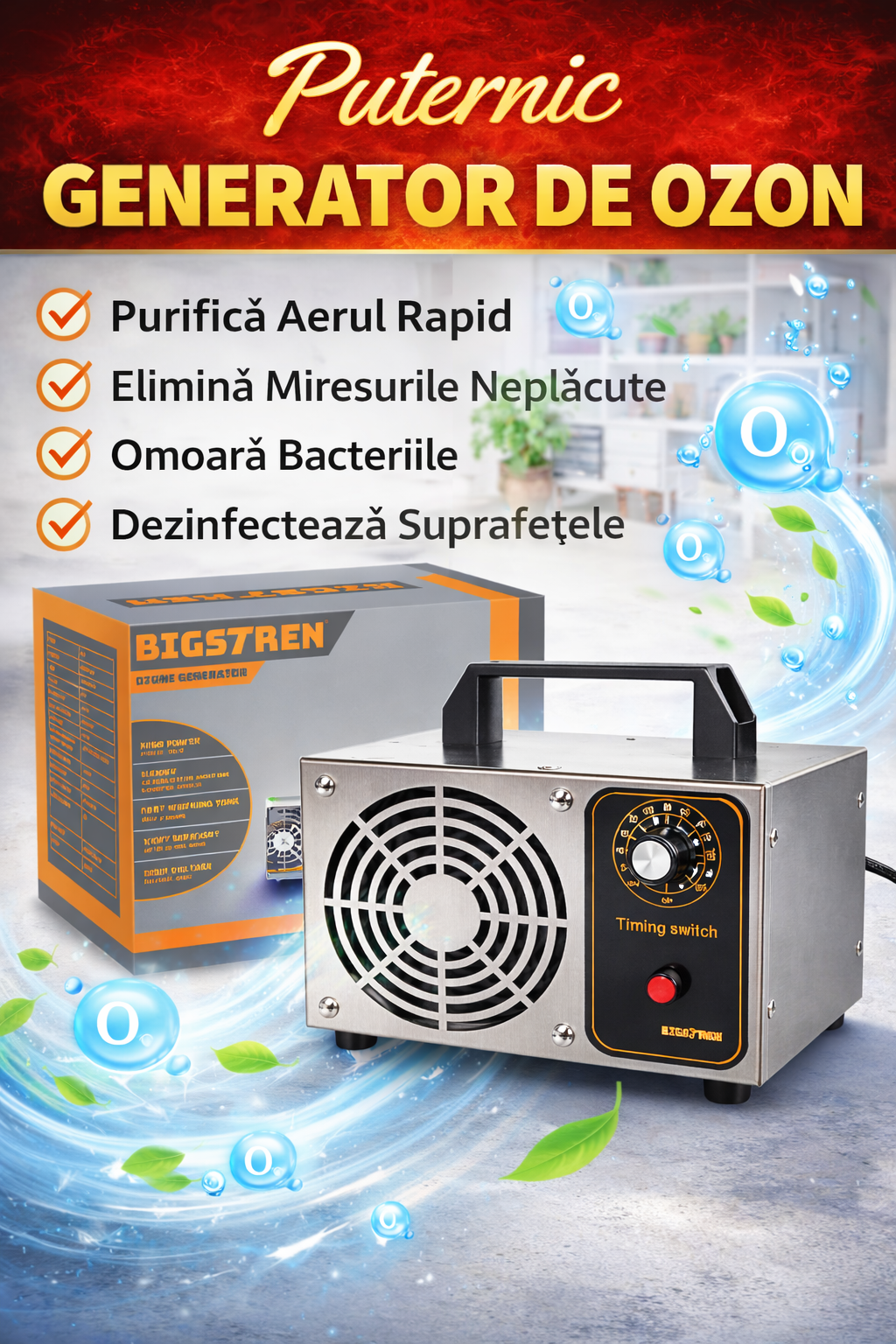 Generator de Ozon NEWTECH, 20000 mg/h, portabil, cu cronometru 60 min, 20, 5x13, 5x13cm