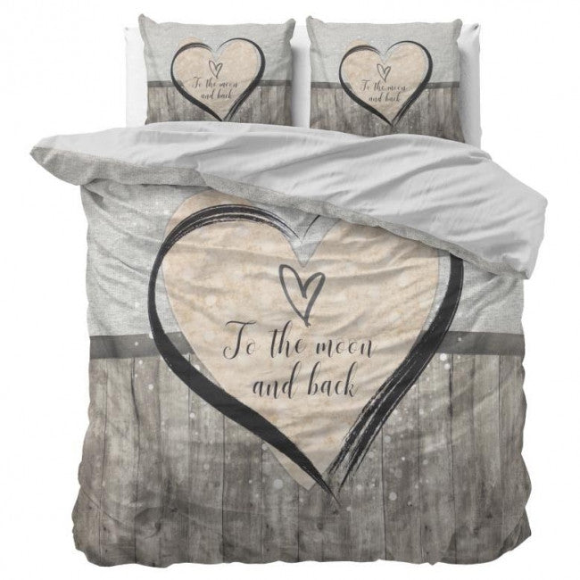 Lenjerie de pat Sleeptime, 1x husa pilota 200x200/220, 2x fete de perna 60x70, Microfibra 100%, Hipoalergenica, model Love To The Moon And Back, culoare Gri/Bej