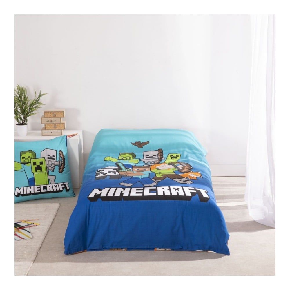 Lenjerie de pat Javoli, 1x husa pilota 140x200, 1x fete de perna 65x65, Bumbac 100%, Hipoalergenica, model Minecraft Block World, culoare Multicolor