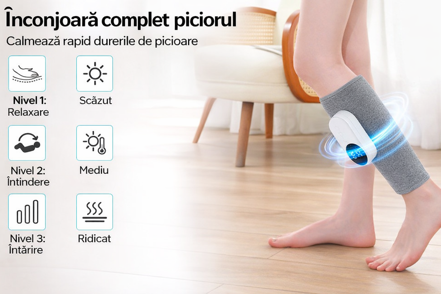 Aparat Masaj pentru Gambe si Picioare, 3 Moduri, 3 Trepte Intensitate, Compresie, Incalzire, Vibratii, Reglabil, Reincarcare USB-C, culoare GRI