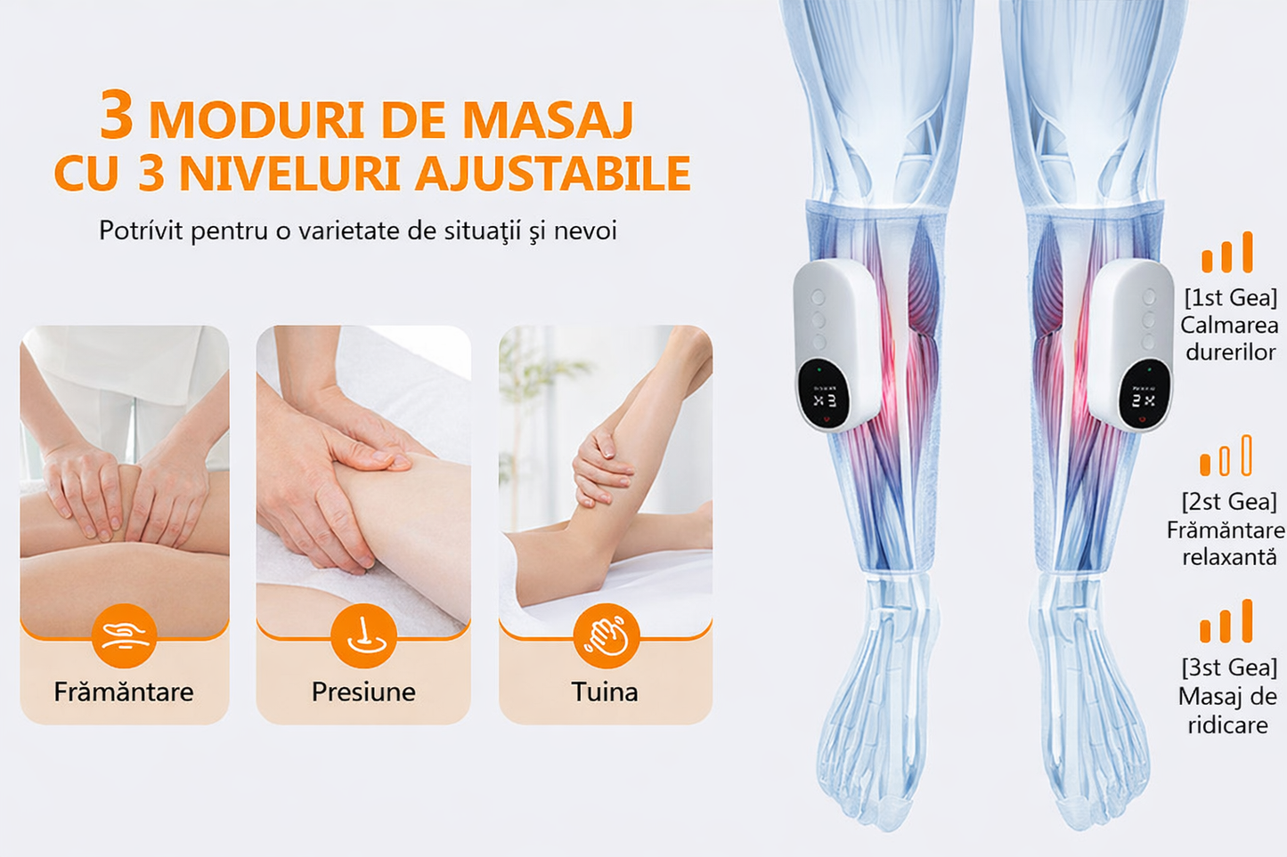 Aparat Masaj pentru Gambe si Picioare, 3 Moduri, 3 Trepte Intensitate, Compresie, Incalzire, Vibratii, Reglabil, Reincarcare USB-C, culoare GRI