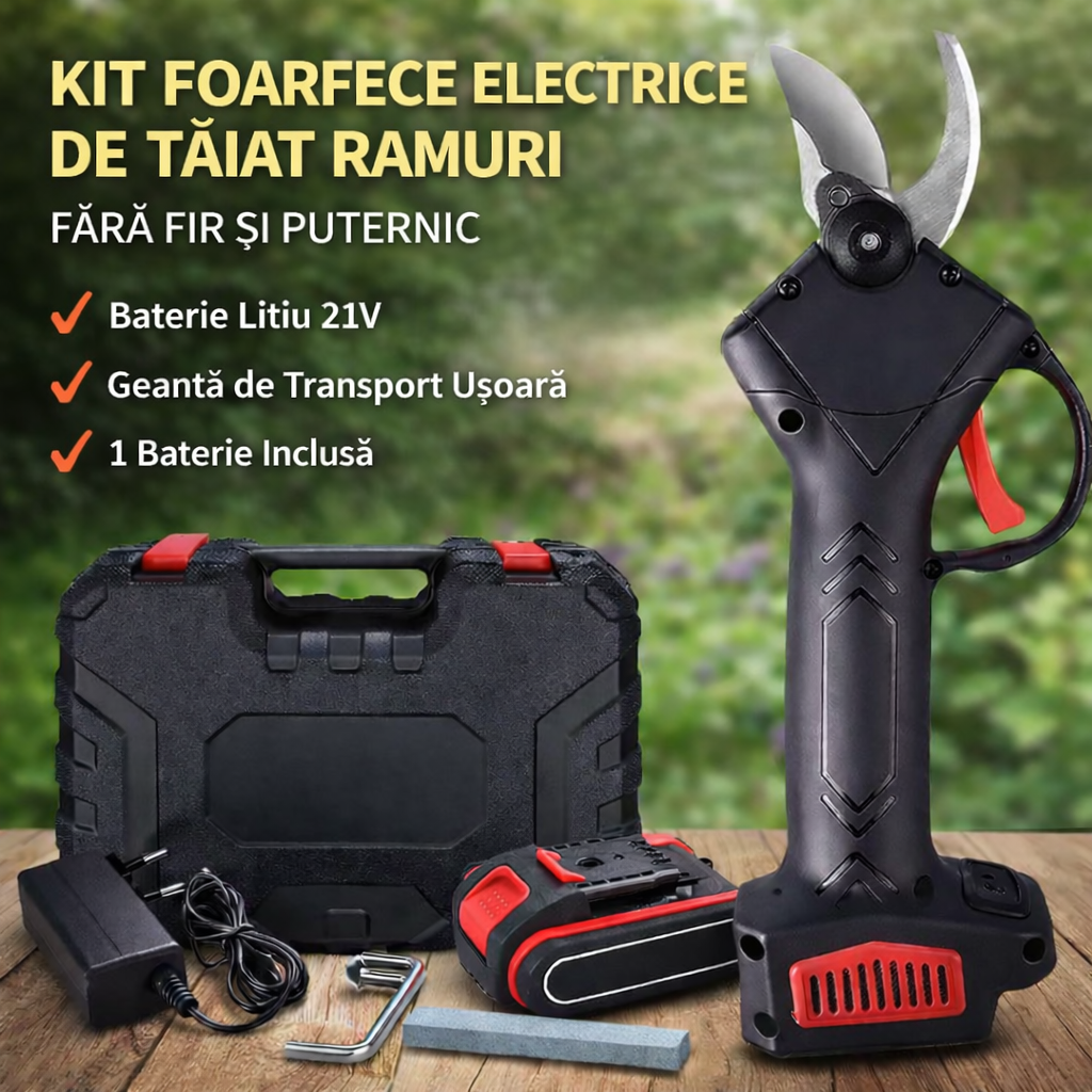 Foarfeca electrica fara fir 21V, taiere 25-30mm, 1 baterie, portabila, negru/rosu