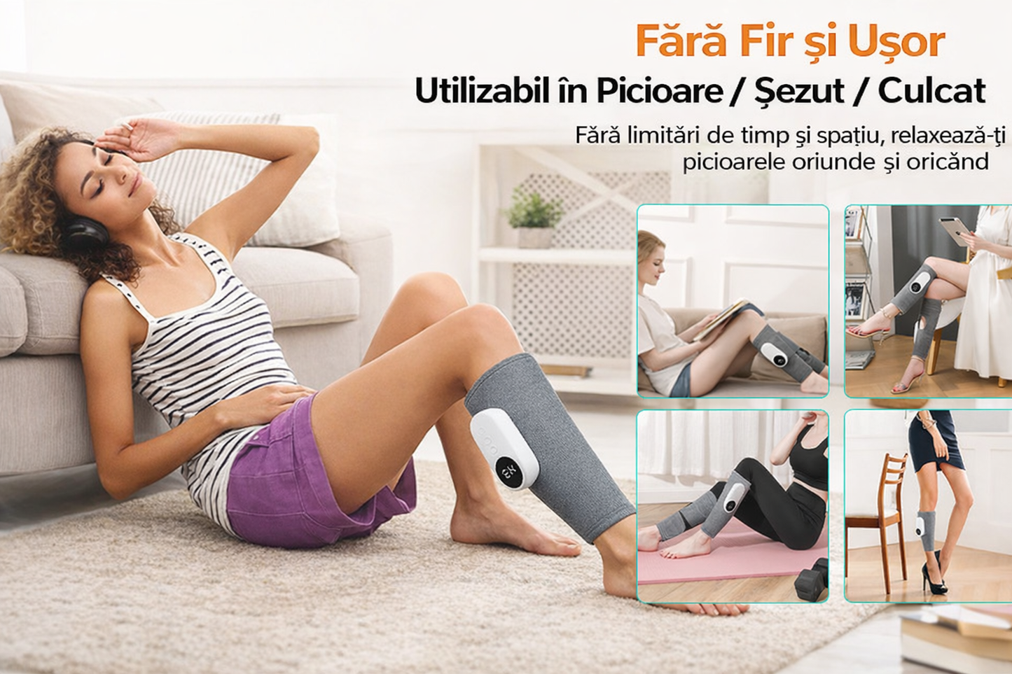 Aparat Masaj pentru Gambe si Picioare, 3 Moduri, 3 Trepte Intensitate, Compresie, Incalzire, Vibratii, Reglabil, Reincarcare USB-C, culoare GRI