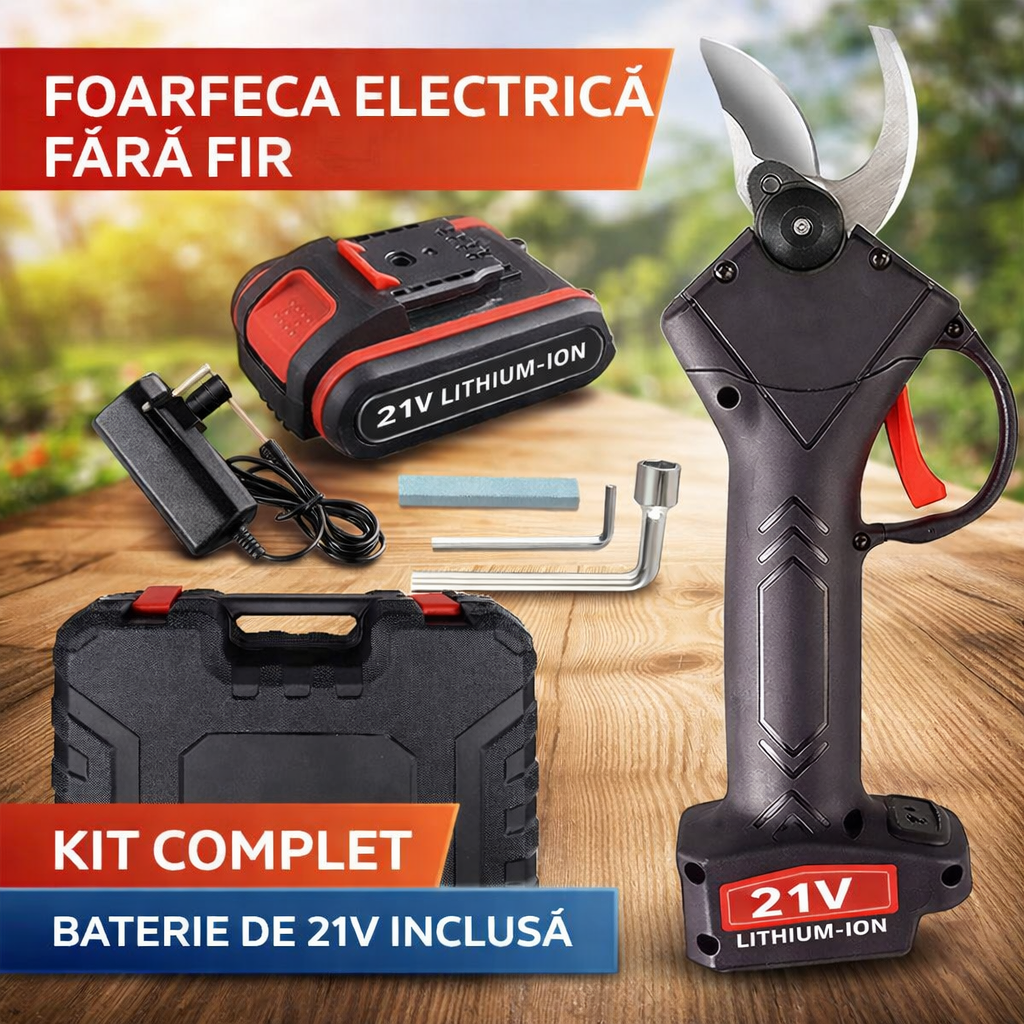 Foarfeca electrica gradinarit 21V, fara fir, taiere 25-30mm, 1 baterie, premium