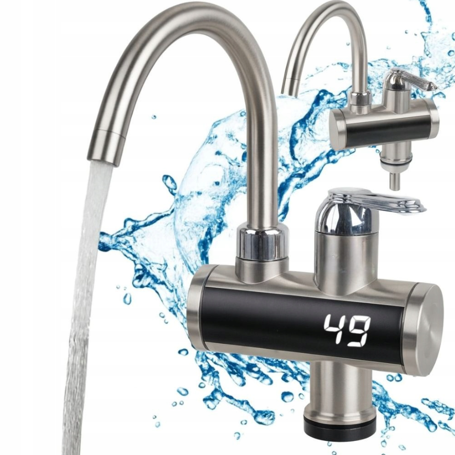 Robinet Electric Instant Apa Calda 3000W cu Afisaj LED, Inox Flexibil, IPX4, 30-60°C, Argintiu