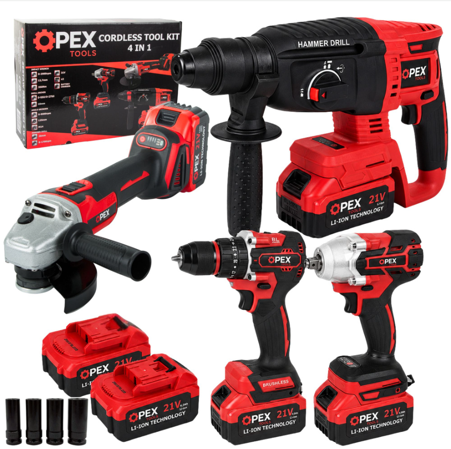 Set Scule Electrice 4 Piese 21V 5Ah cu Rotopercutor, Autofiletanta Impact si Flex