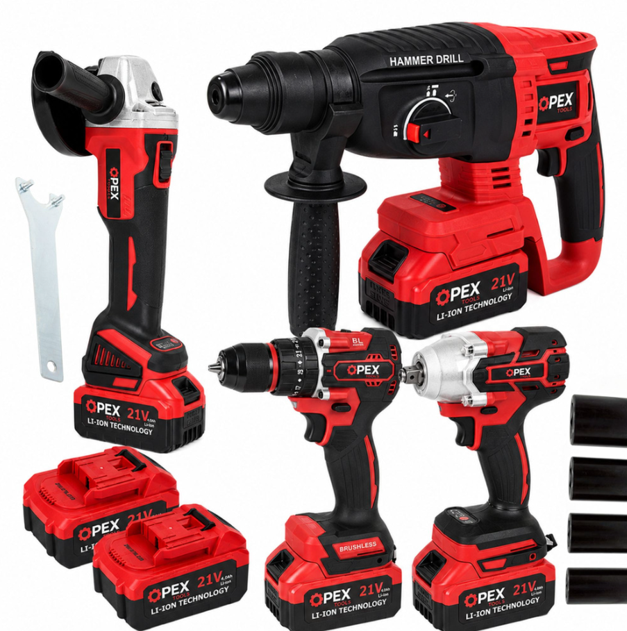 Set Scule Electrice 4 Piese 21V 5Ah cu Rotopercutor, Autofiletanta Impact si Flex