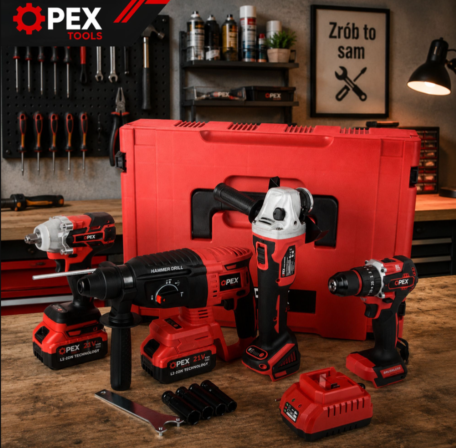 Set Scule Electrice 4 Piese 21V 5Ah cu Rotopercutor, Autofiletanta Impact si Flex