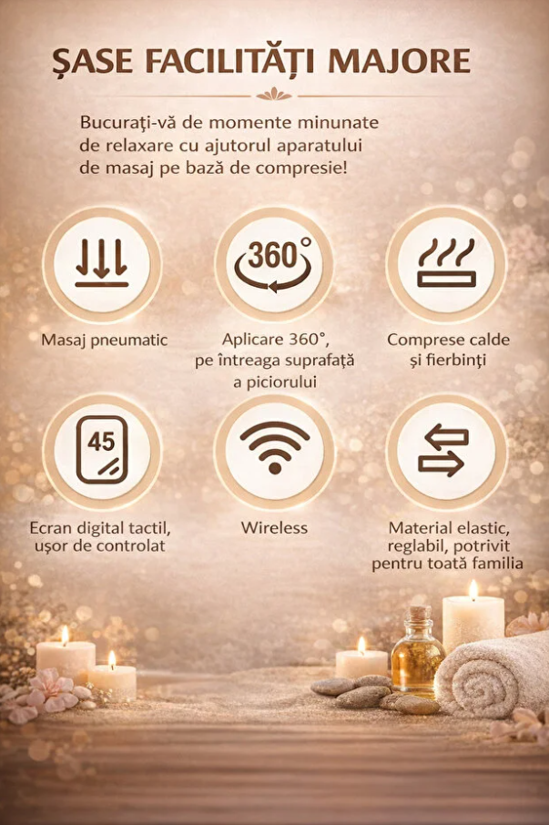 Aparat Masaj Reglabil Picioare & Gambe, 6 Tipuri de Masaj, Compresie și Căldură