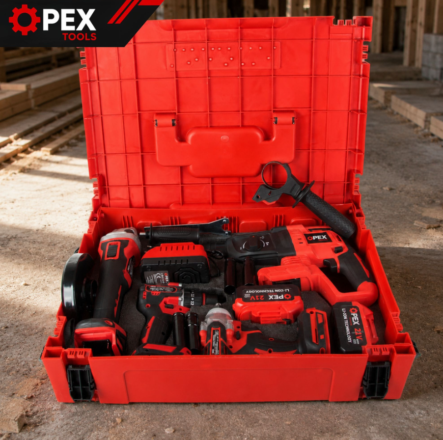 Set Scule Electrice 4 Piese 21V 5Ah cu Rotopercutor, Autofiletanta Impact si Flex