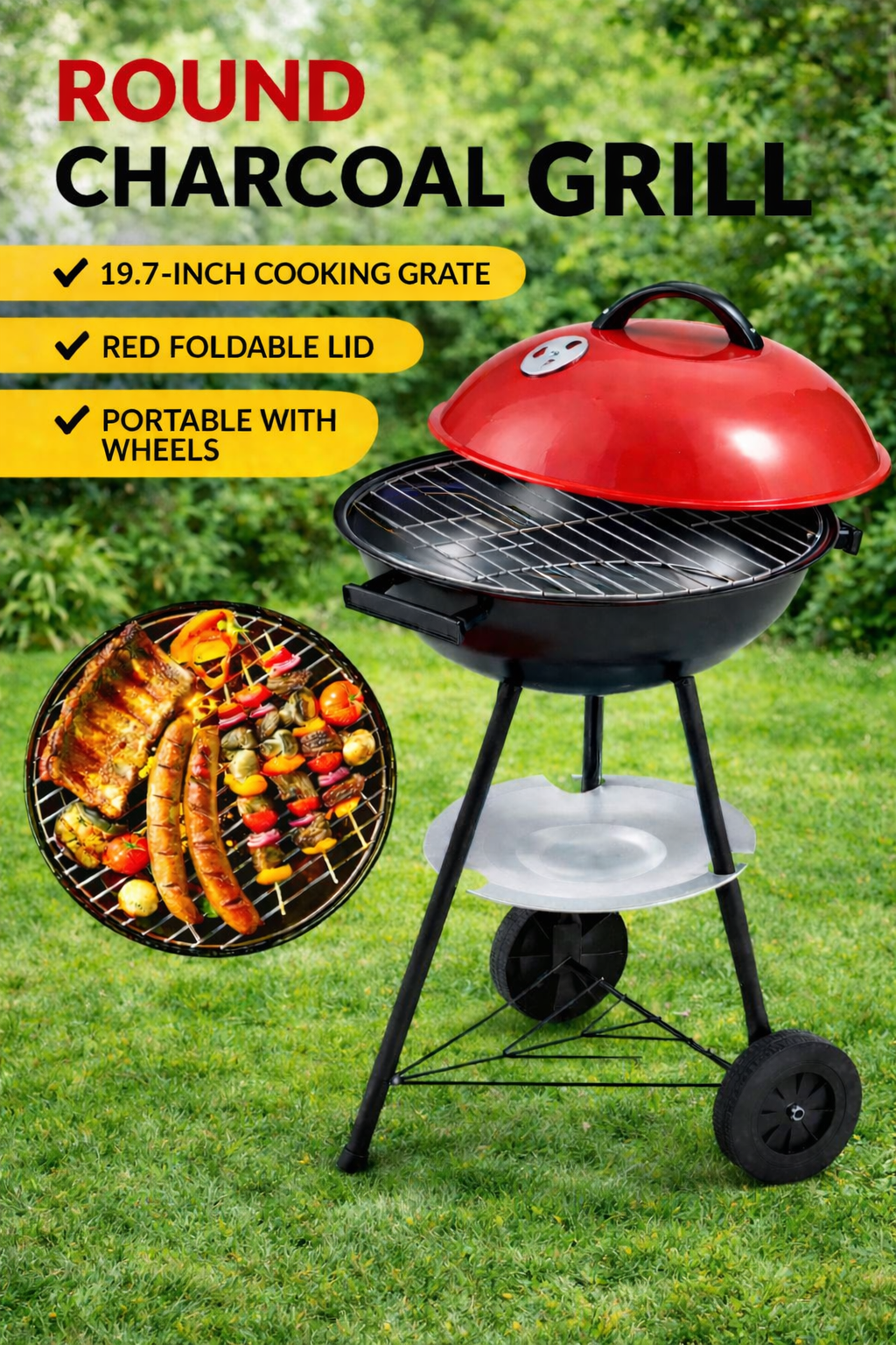 Gratar carbuni cu capac si roti, 50x40 cm, aerisire reglabila, raft, otel, negru/rosu