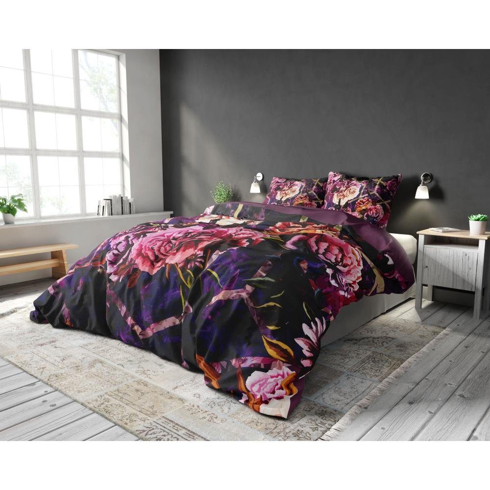 Set Lenjerie de pat, Sleeptime Marise Purple, Microfibra 100%, 200x200/220 cm, Digital Print, 2 Fete Perna 60x70 cm, Anti Alergic