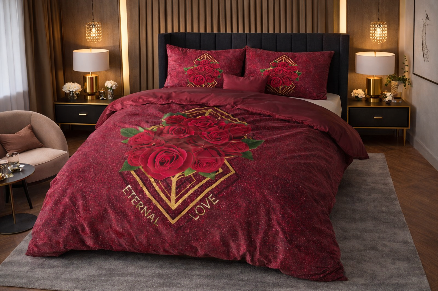 Lenjerie de pat Sleeptime, 1x husa pilota 140x200/220, 1x fete de perna 60x70, Microfibra, Hipoalergenica, 90 GSM, model Essentials Eternal Love Red, imprimeu Print Digital, culoare Rosie