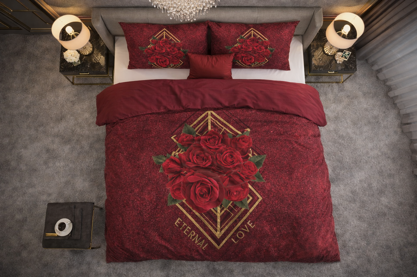 Lenjerie de pat Sleeptime, 1x husa pilota 140x200/220, 1x fete de perna 60x70, Microfibra, Hipoalergenica, 90 GSM, model Essentials Eternal Love Red, imprimeu Print Digital, culoare Rosie