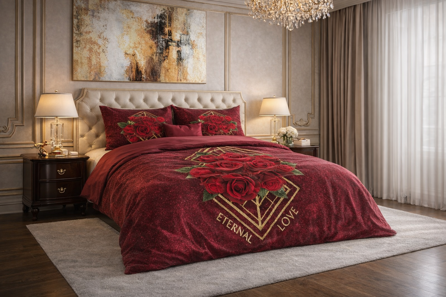 Lenjerie de pat Sleeptime, 1x husa pilota 140x200/220, 1x fete de perna 60x70, Microfibra, Hipoalergenica, 90 GSM, model Essentials Eternal Love Red, imprimeu Print Digital, culoare Rosie