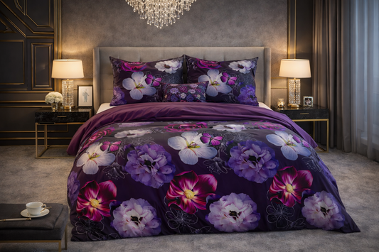 Lenjerie de pat Sleeptime, 1x husa pilota 200x200/220, 2x fete de perna 60x70, Bumbac si Poliester, Hipoalergenica, 150 GSM, model Elegance Magic Flower Purple, imprimeu Print Digital, culoare Mov