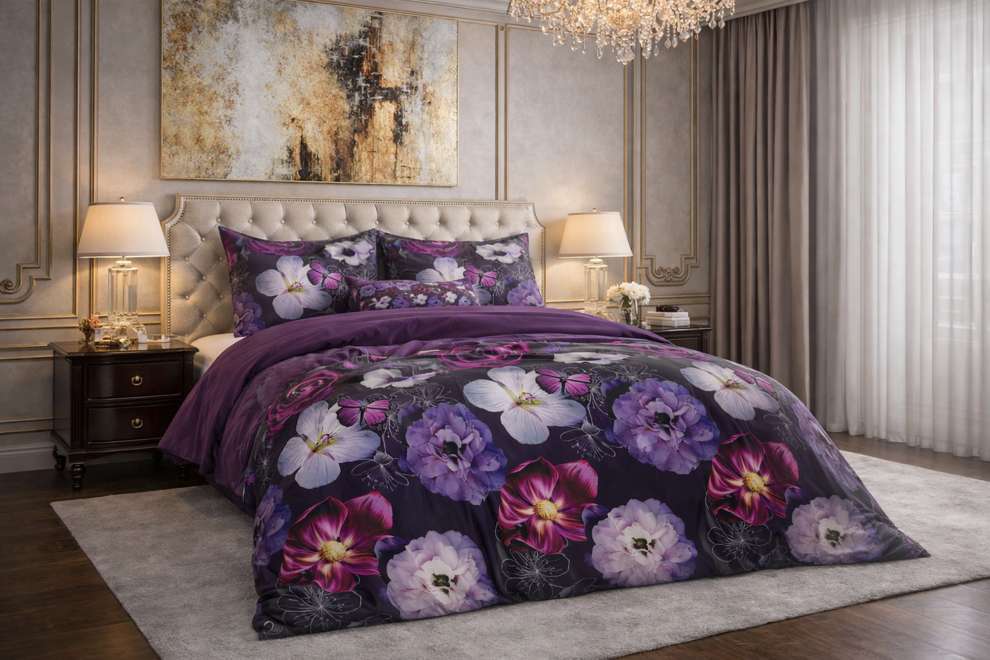 Lenjerie de pat Sleeptime, 1x husa pilota 200x200/220, 2x fete de perna 60x70, Bumbac si Poliester, Hipoalergenica, 150 GSM, model Elegance Magic Flower Purple, imprimeu Print Digital, culoare Mov