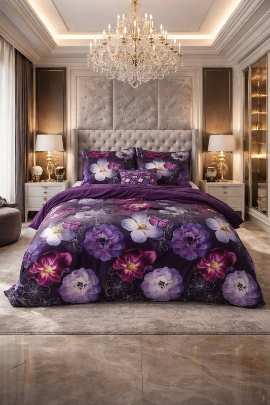 Lenjerie de pat Sleeptime, 1x husa pilota 200x200/220, 2x fete de perna 60x70, Bumbac si Poliester, Hipoalergenica, 150 GSM, model Elegance Magic Flower Purple, imprimeu Print Digital, culoare Mov
