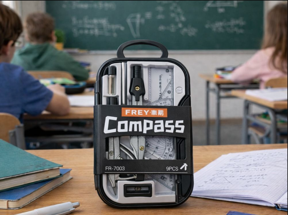 Set Geometrie 9 Piese cu 2 Compasuri, Rigla, Echer, Raportor si Cutie pentru Scoala