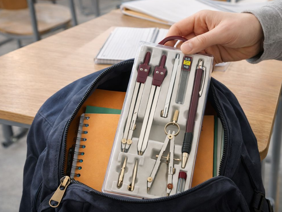 Set Geometrie 9 Piese cu Compas, Creion Mecanic si Cutie, pentru Scoala, Mov